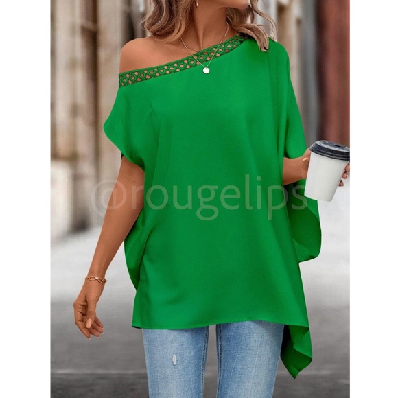 Guipure Trim Off Shoulder Green Loose Fitting Flowy Blouse Top - Picture 4 of 7